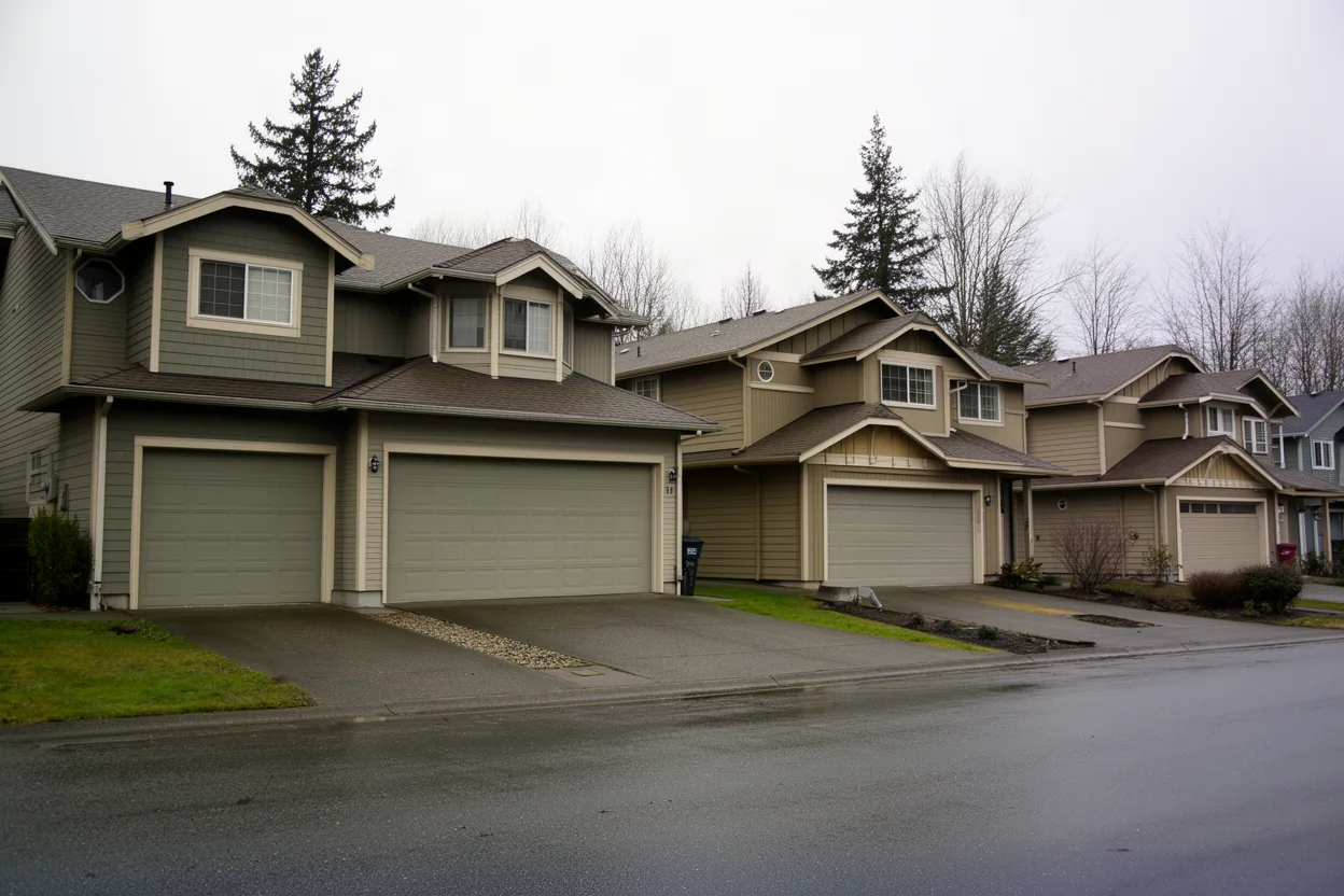 a quiet suburban street of attached-garage houses in the Pacific Northwest