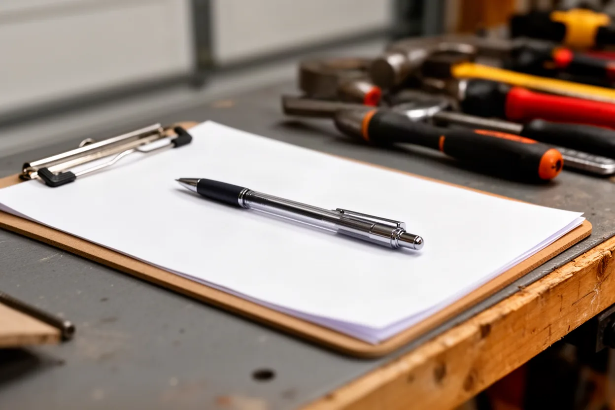 a clipboard and pen on a garage door workbench with tools blurred behind