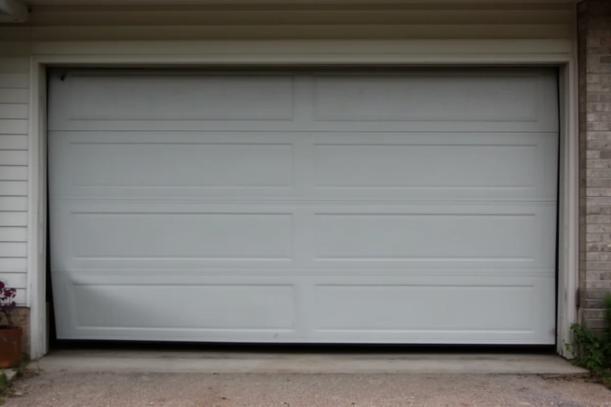 A garage door sitting slightly uneven in its opening