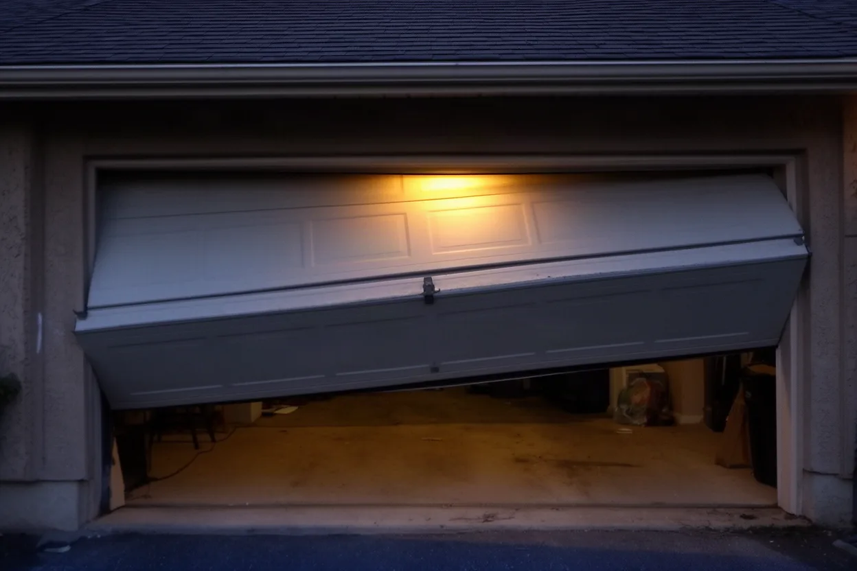a garage door stuck half open at dusk