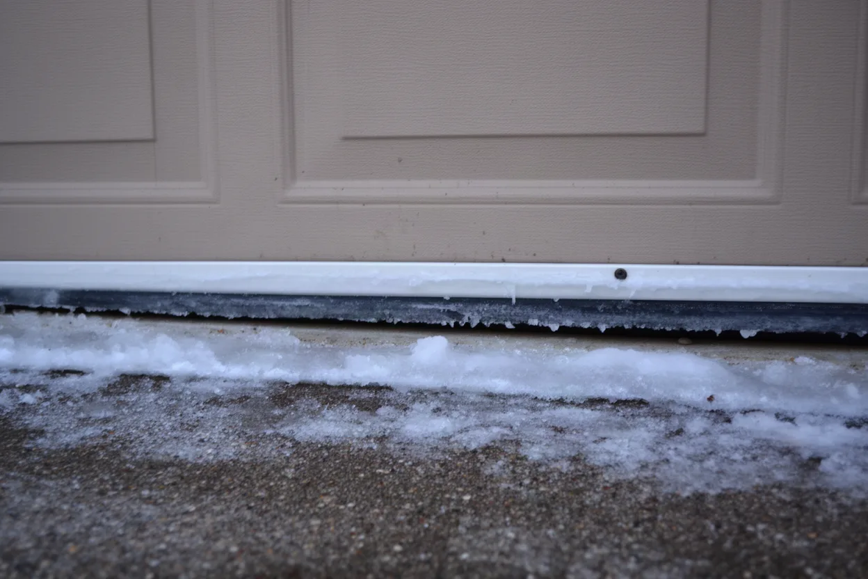 a garage door bottom seal frozen to a frosty driveway