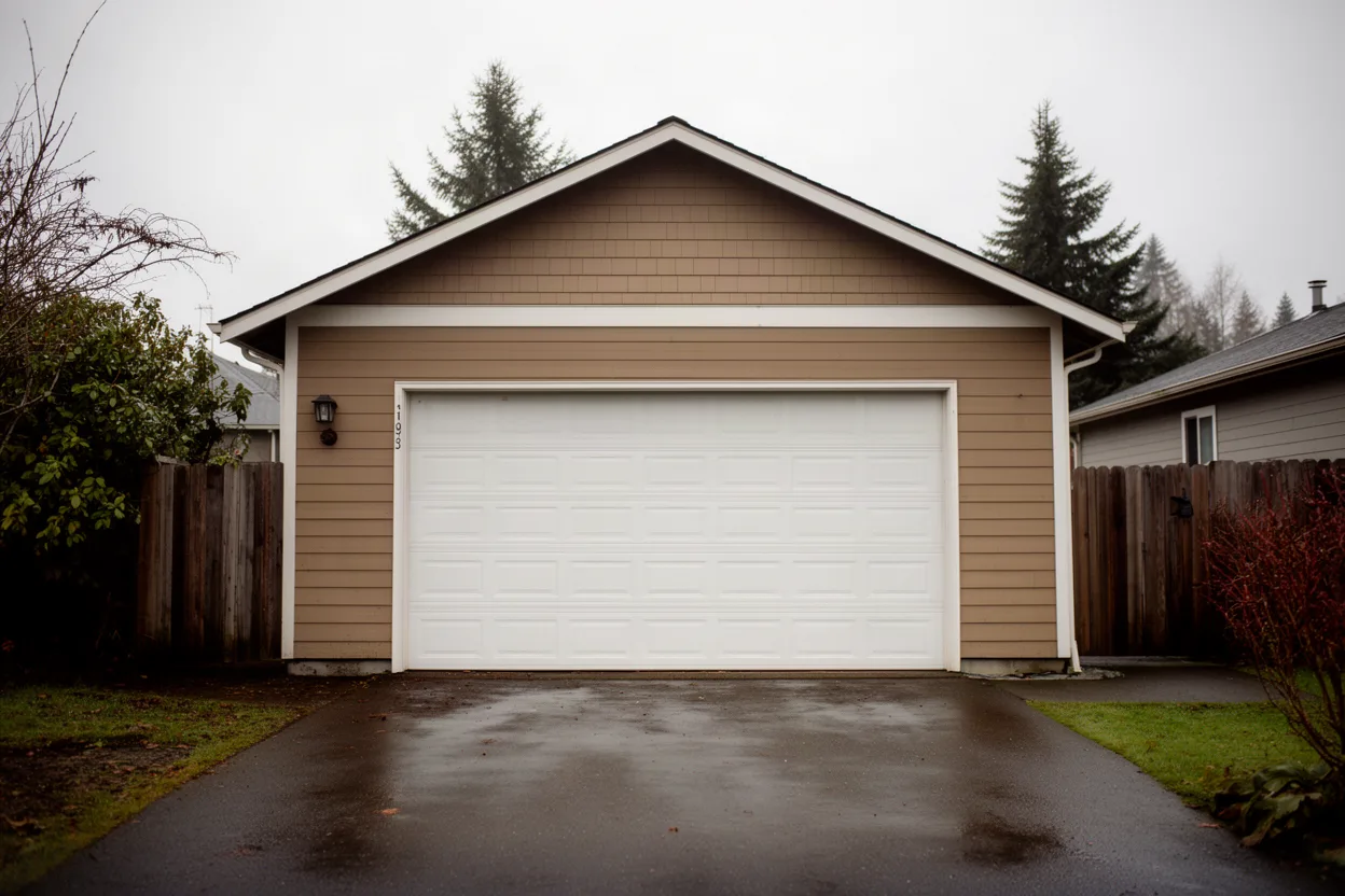 a suburban garage door on a modest Pacific Northwest house