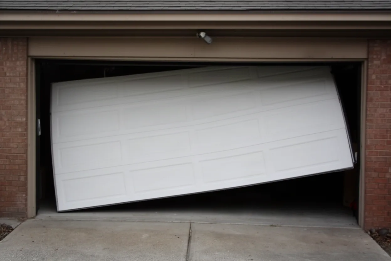 A crooked garage door in its opening