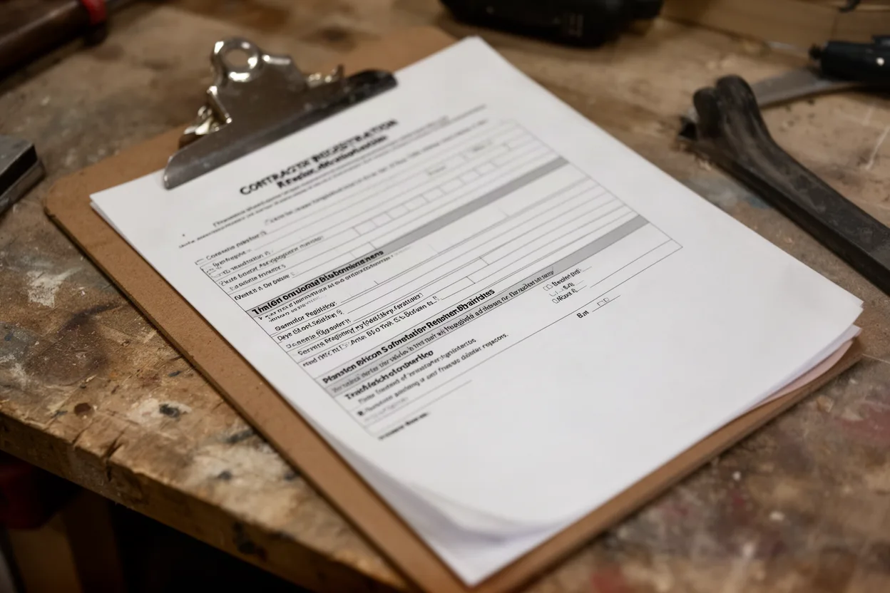 a clipboard with a contractor registration form on a workbench